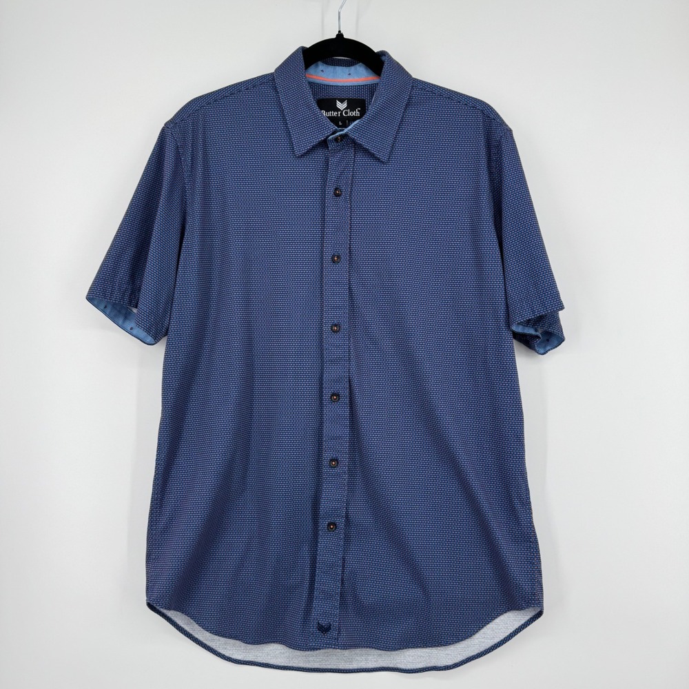 Butter Cloth Mens Button Up Short Sleeve Shirt Blue Geometric Pattern L - Picture 3 of 6